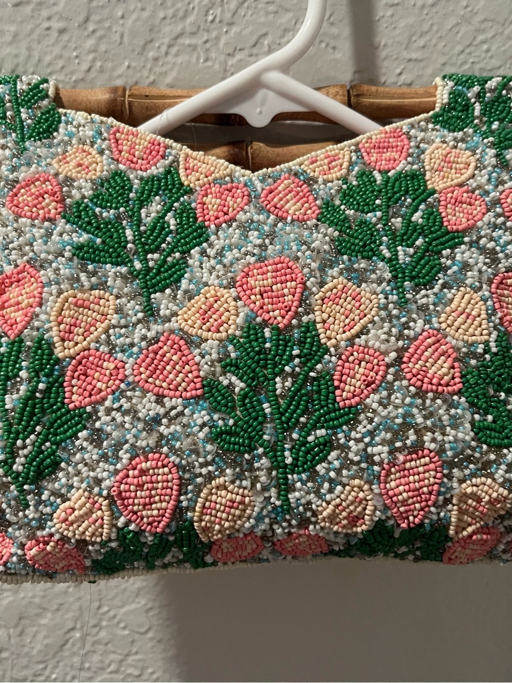 Beaded Floral Bamboo-Handle Clutch Bag - Pink & Green
